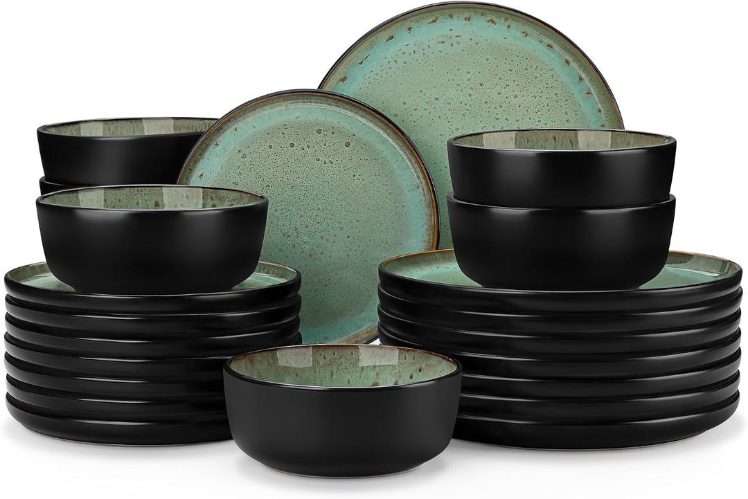 vancasso Plates and Bowls Sets, 22 Pieces Stoneware Dinnerware Sets for 8, Kitchen Dish Set Mircowave and Dishwasher Safe Ceramic Dishware, Turf Green, Series AMBER