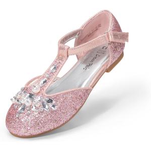 DREAM PAIRS Girls Mary Jane Dress Shoes Pearl T-Strap Party Flower Wedding Princess Flats for Toddler Little Big Kid (Pink)