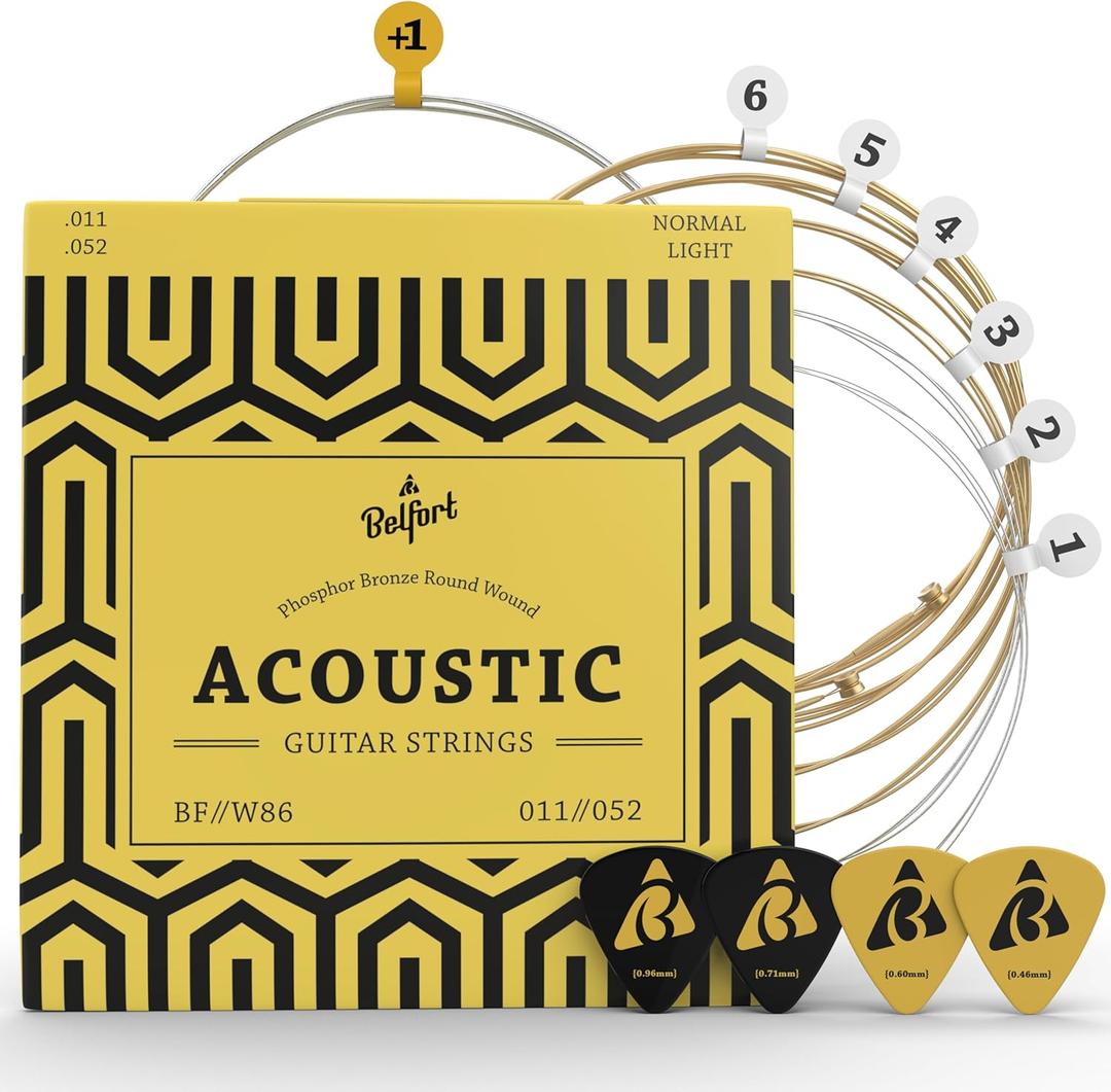 BELFORT quality acoustic guitar strings - 6 string set - Premium coating with Phosphor Bronze (guitar strings acoustic 6 string set) BONUS: 4 Picks + 1 High E String - cuerdas para guitarra acustica