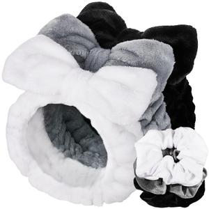 LEOBRO Spa Headband, 6pcs Makeup Headbands and Hair Scrunchies, Bow Skin Care Headband for Washing Face for Teen Girls Women, Easter Basket Valentines Gifts for Girls, Black & White & Gray