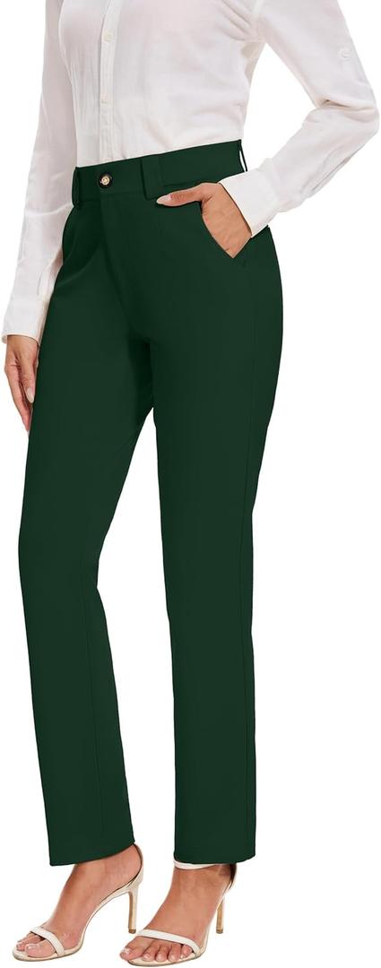 Women's Stretch Business Straight Leg Dress Pants with Pockets Wear to Work Casual Suitpants (Medium, A-dark Green)