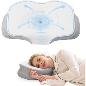 Cervical Neck Pillow for Sleeping, Ergonomic Side Sleeper Pillow, Memory Foam Pillows for Neck and Shoulder Pain Relief, Removable Washable Cooling Cover, Grey & White