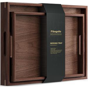 Fibogollo Set of 2 Walnut Wooden Serving Tray with Handles,Decorative Trays Platter,Breakfast Tray in Bed,Large Coffee Table Tray, Food Drinks Trays for Eating,Working,Storing