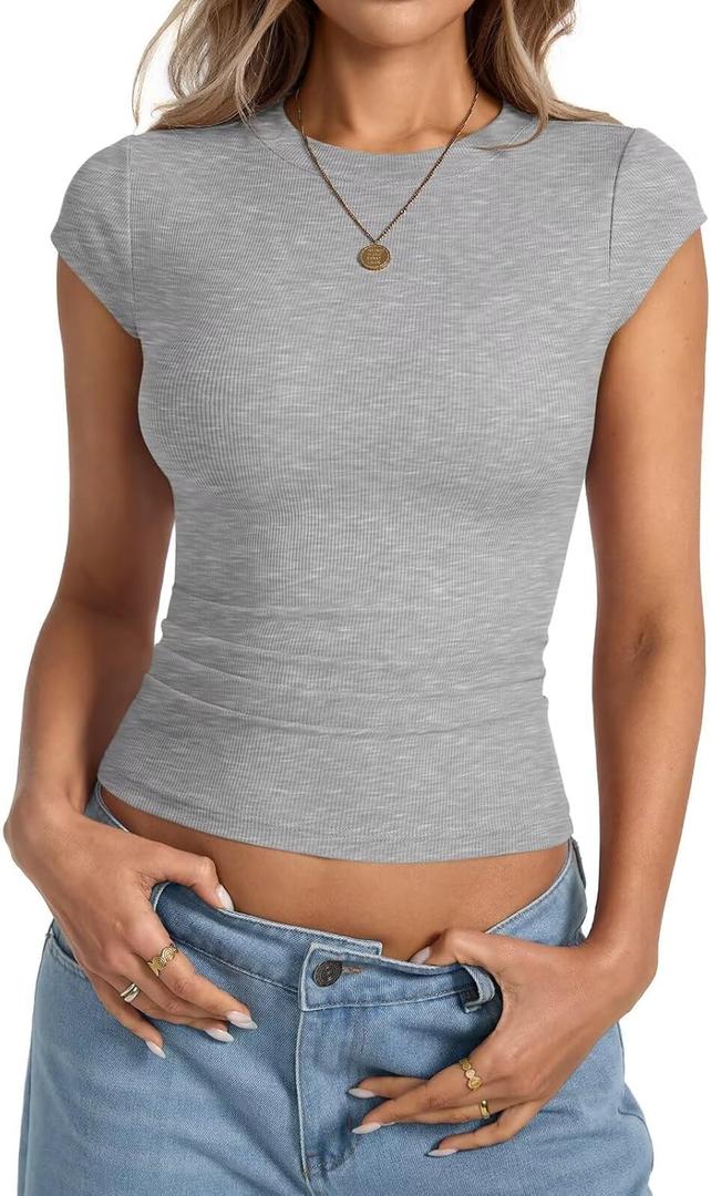 Womens Cap Sleeve Tops Summer Crew Neck Short Sleeve Shirts Slim Fit Basic Ribbed Tops Y2K 2025 Going Out Crop (Gray, XL)