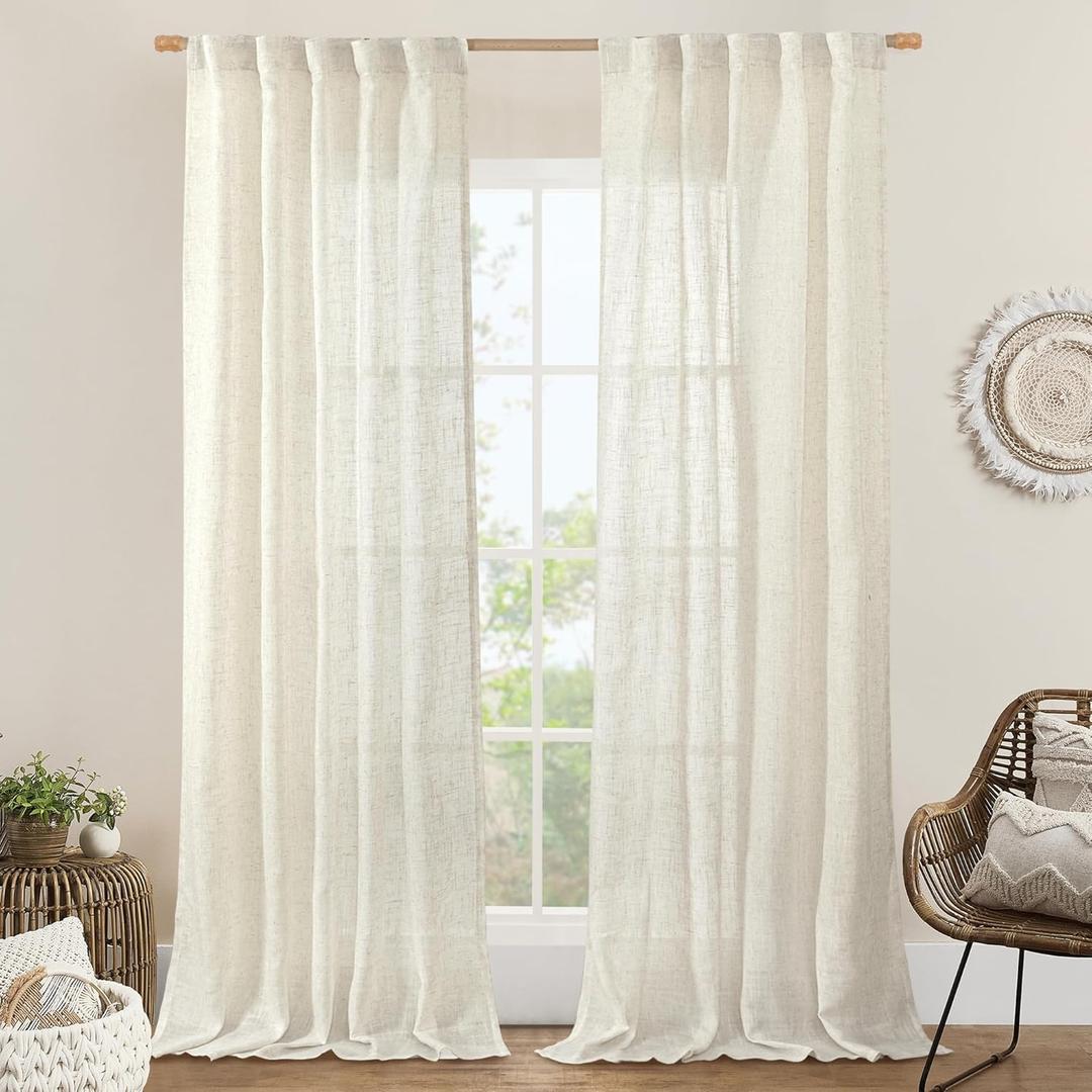 LAMIT Light Filtering Linen Curtains 84 inches Long for Bedroom, Cream Ivory Linen Textured Semi Sheer Back Tab and Rod Pocket Natural Boho Drapes for Living Room, 2 Panels, 42 x 84 Inch