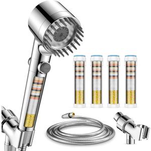 Fitespot Filtered Shower Head with Handheld with 4PCS Filters, High Pressure 4 Spray Modes Shower heads with Filter, IronDrops Water Softener Filter for Hard Water 70" Hose (Chrome)