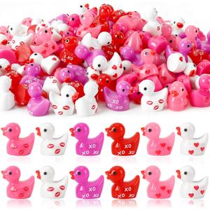 JUNEBRUSHS 50 Pcs Valentine's Day Mini Ducks, Pink Red Tiny Resin Ducks Heart Duck Figures Miniature Ornaments for Vase Filler Jewelry Making DIY Crafts Party Gifts Decorations