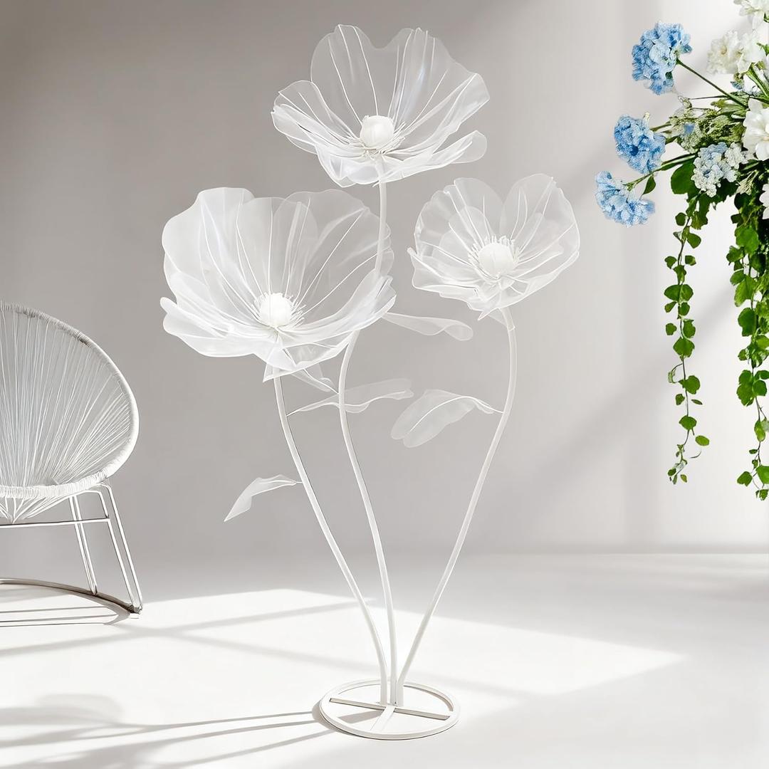 Life Size Flowers - 67-Inch Tall Tulle Poppy Decorations for Wedding Backdrops, Party Arrangements,Mall Store Window Displays (White)