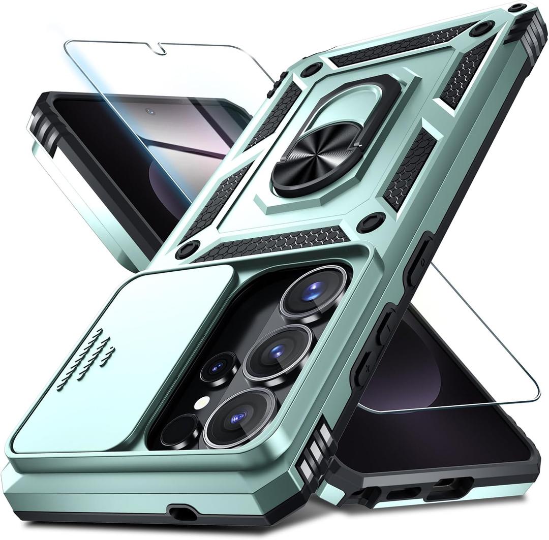 Janmitta Compatible with Samsung Galaxy S26 Ultra Case Built in Slide Camera Lens Cover+Screen Protector+Finger Ring Holder Kickstand,Heavy Duty Shockproof Full Body Phone Cover,2026 Dark Green
