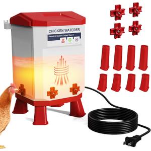 Heated Chicken Waterer 1.9 Gal, Winter, Freeze Proof Chicken Waterer, 4 Nipples for Clean WaterDetachable Legs, Adjustable Height for Chickens, Pigeons, Beaked Poultry