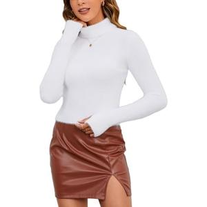 MakeMeChic Women's Fuzzy Turtleneck Sweater Slim Fit Long Sleeve Ribbed Knit Crop Sweater Pullover, S