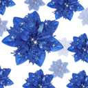 Geosar 24 Christmas Glitter Artificial Poinsettia Flowers Xmas Poinsettia Artificial Wedding Flowers Decorations Xmas Tree Ornaments with Clips for Party Favors, 6 Inch, 4 Inch, 3 Inch (Royal Blue)