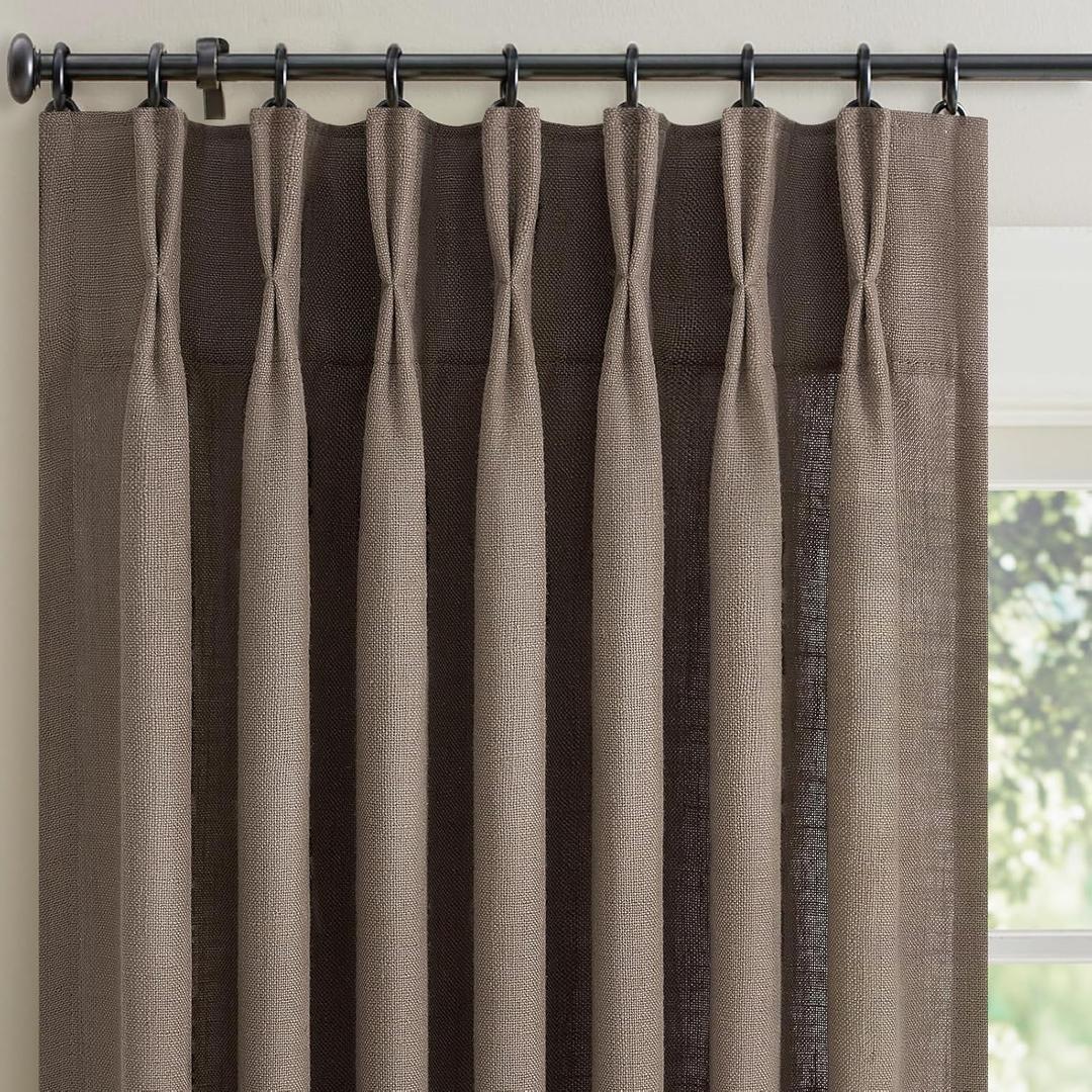 Dark Flax Pinch Pleated Linen Curtains 84 Inch Long 2 Panels for Living Room Bedroom Country Farmhouse Thick Linen Textured Semi Sheer Back Tab Pinch Pleat Hooks Rings Window Curtain Brown Mocha 7 FT