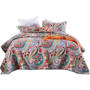 Qucover Cotton Quilt Set, Queen Size, Multicolor Paisley, Boho Style, Soft Lightweight Coverlet with 2 Pillow Shams, 90x98 Inches