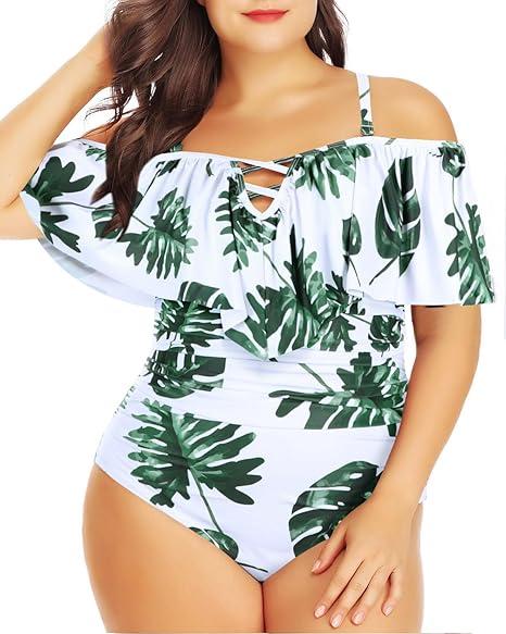 Daci Women Plus Size One Piece Swimsuits Tummy Control Ruffle Off Shoulder Bathing Suits 18W