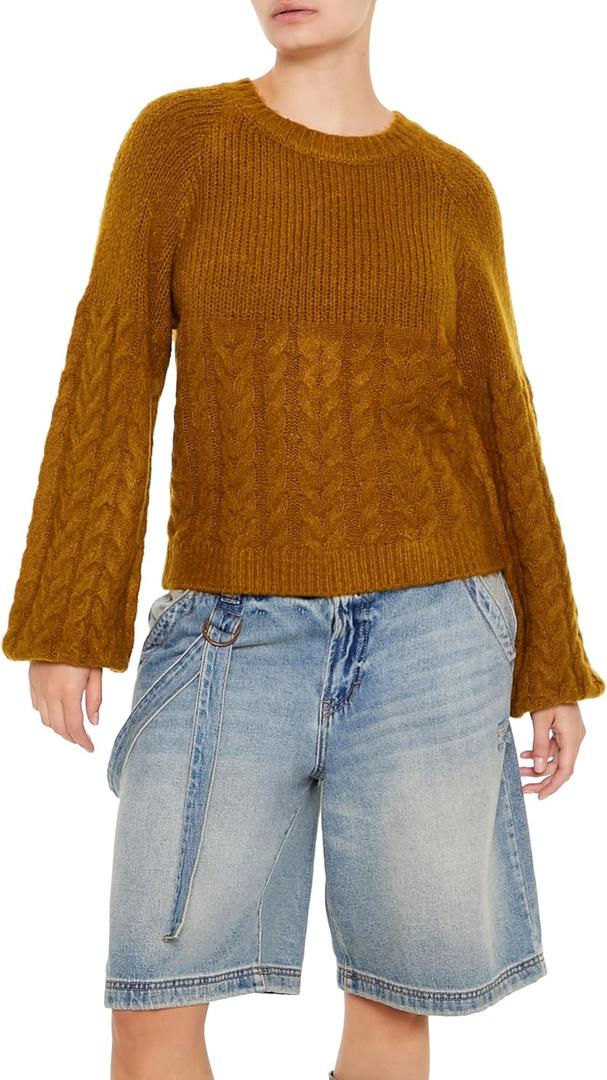 Forever 21 Womens Peasant-Sleeve Cable Knit Sweater (X-Small, Brown)
