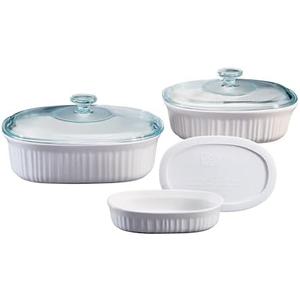 CorningWare Ceramic Bakeware Set with Lids Chip and Crack Resistant Stoneware Baking Dish, Microwave, Dishwasher, Oven, Freezer and Fridge Safe, 5 Piece French White