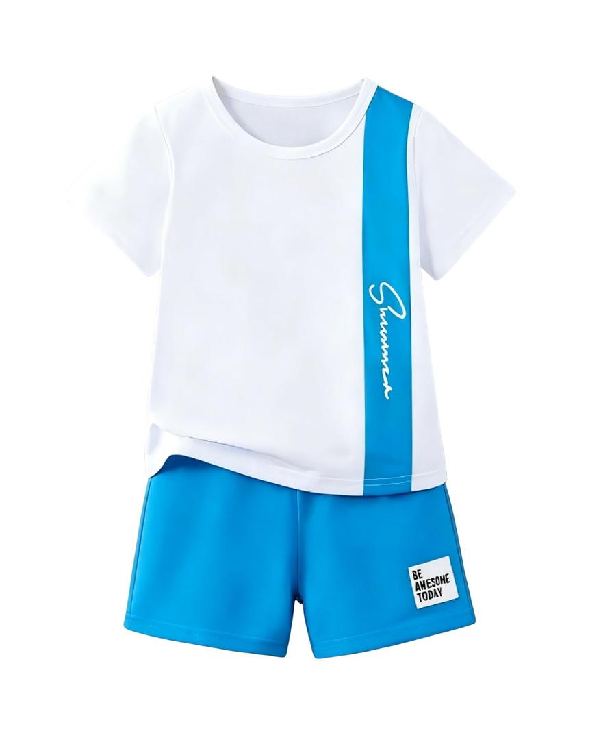 Ayzozuy Boys 2-Piece Summer Outfit Set - Side Color Block Stripe Short Sleeve T-Shirt Shorts Kid Clothes Casual Daily Wear(13-14t)