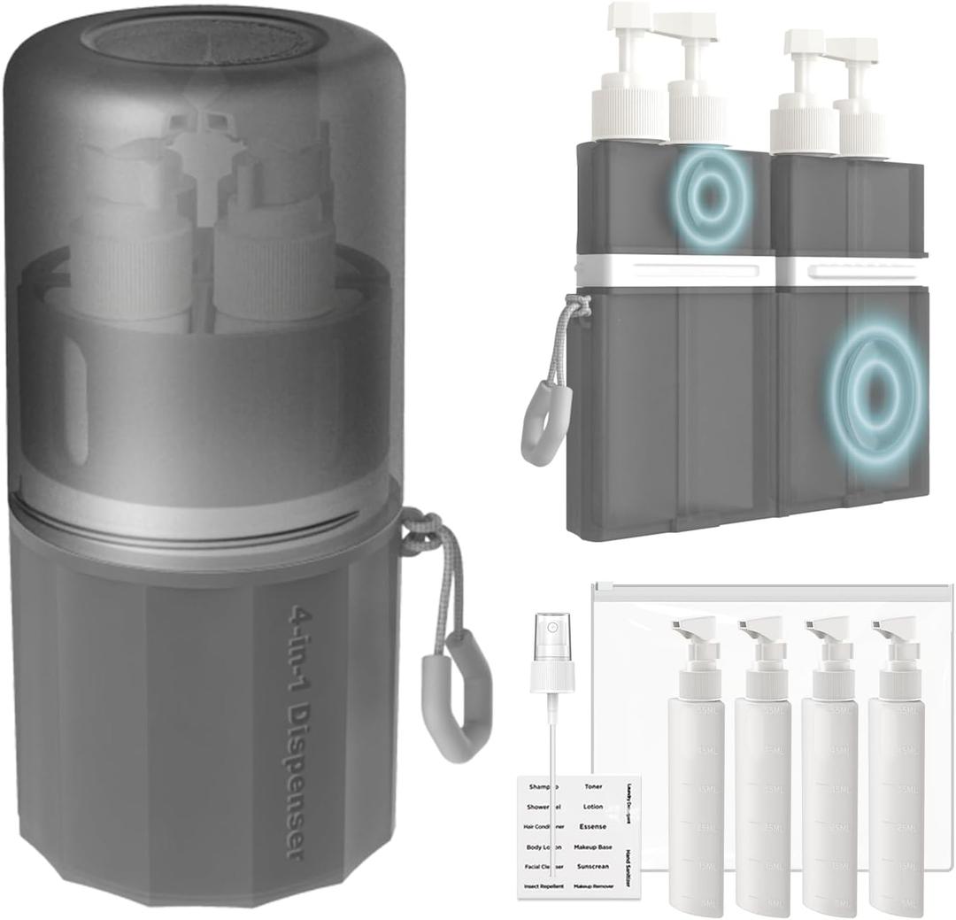 4 in 1 Travel Dispenser Bottle, TSA Approved Refillable Shampoo and Conditioner Bottles Set with Suction Cup for Smooth Walls, Travel Size Toiletries Container for Body Wash/Lotion.(Grey) (Gray)