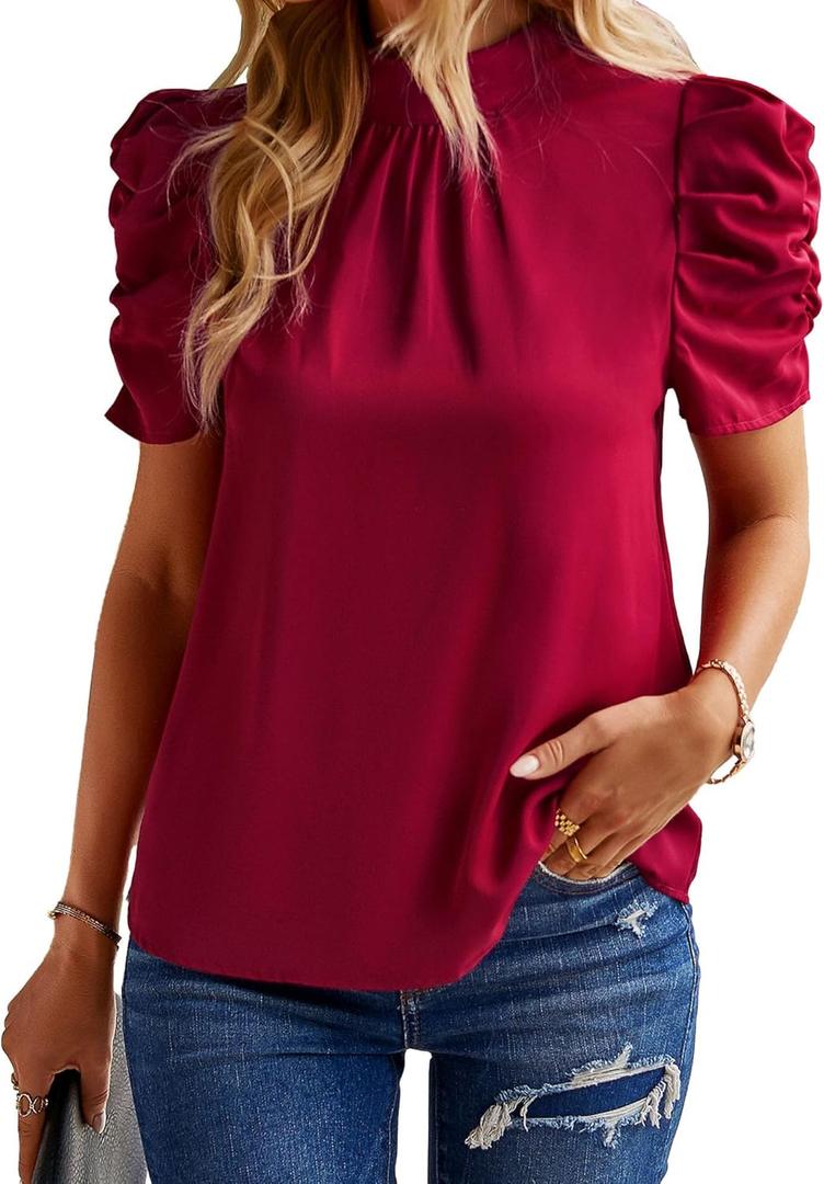 BTFBM Womens Tops Dressy Casual Mock Neck Puff Short Sleeve Shirts Back Tie Business Work Blouses Summer Fall 2025 (X-Large, Solid Wine Red)