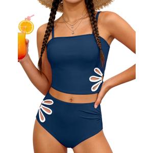 Girls Swimsuit Adjustable Straps Cut Out Swimwear 2 Piece Solid Color Tankini for Girls Bathing Suit 11-12Y