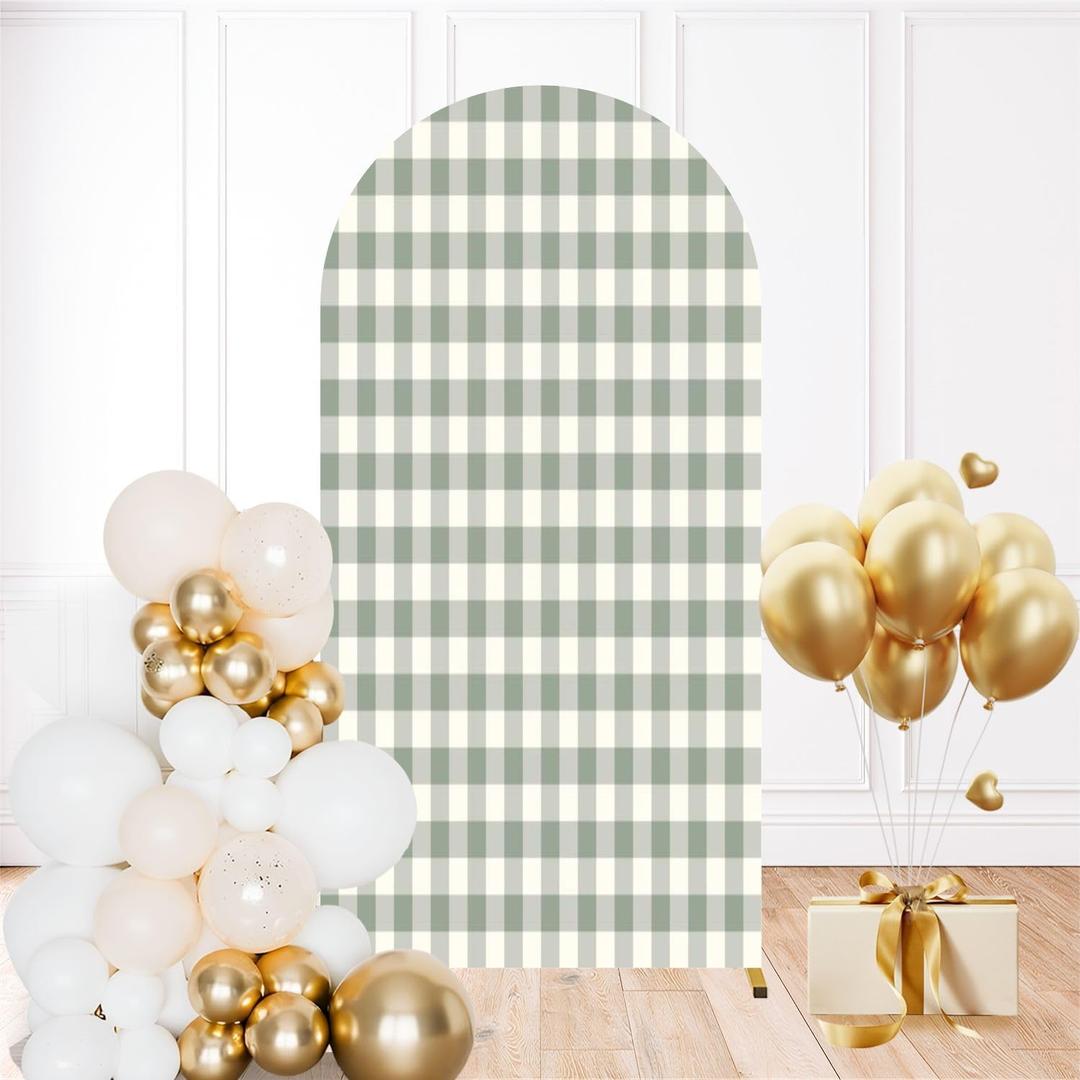 6FT Wedding Arch Backdrop Cover Seamless Checkered Light Sage Green Spandex Fitted Round Top Backdrop Stand Cover for Ceremony Banquet Birthday Party Decor (Color3)
