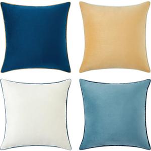 MONDAY MOOSE Decorative Throw Pillow Covers Cushion Cases, Set of 4 Soft Velvet Modern Double-Sided Designs, Mix and Match for Home Decor, Pillow Inserts Not Included (18x18 inch, Blue/Beige)