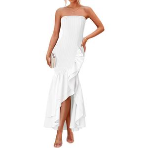 ZESICA Women's 2025 Summer Strapless Bodycon Maxi Dress Ribbed Sexy High Split Mermaid Prom Party Dresses (White, L)