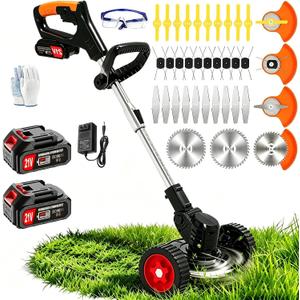 21V Electric Weed Wacker Battery Powered Cordless Weed Eater, String Trimmer with 2 Battery Operated&Wheels&Metal Blades, Lightweight 4 in 1 Grass Trimmer/Brush Cutter/Lawn Edger/Mower for Garden Yard