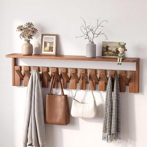 homeleafy Wall Mounted Coat Rack with Shelf, 12 Flip-Down Hooks, Walnut | 12 Magnetic Flip-Down Hooks, Solid Rubberwood, 77 lb Load, 4.7 in Shelf, Hidden Mount, Space-Saving Entryway Storage