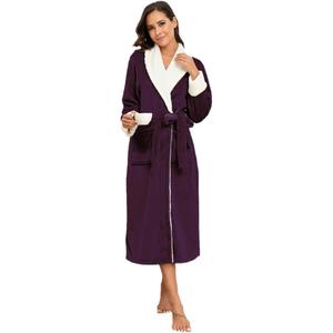 RONGTAI Women's Fleece Shawl Collar Bathrobe Plush Soft Long Spa Robe Lightweight Fluffy Cozy Shower Bathrobe (2XL, Dark Purple)