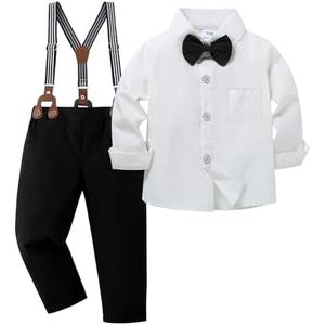 YALLET Toddler Baby Boy Clothes Suit Gentleman Outfits Formal Dress Shirt + Bowtie + Suspender Pants Wedding Party(L White-Black, 12-18 Months)