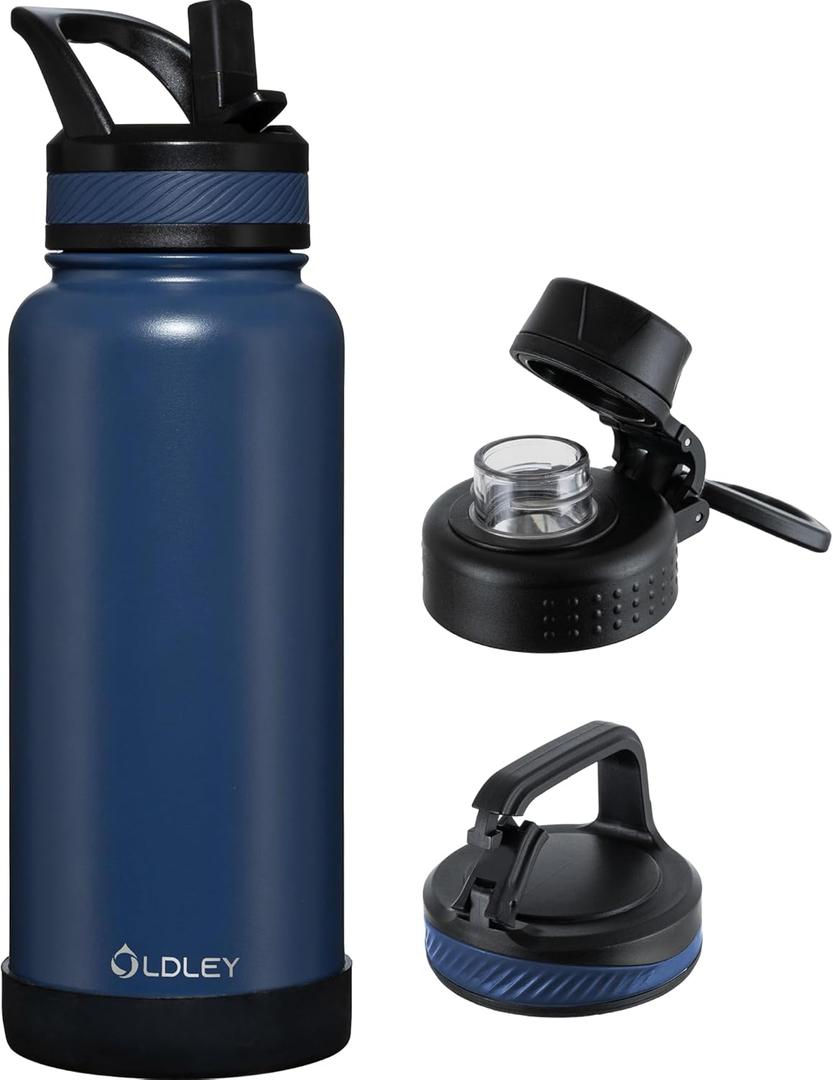 OLDLEY 32 oz Insulated Water Bottle With Straw, Stainless Steel Sports Water Cup Flask with 3 Lids(Straw, Spout and Handle Lid) Double Walled Travel Thermal Canteen Mug, Navy Blue