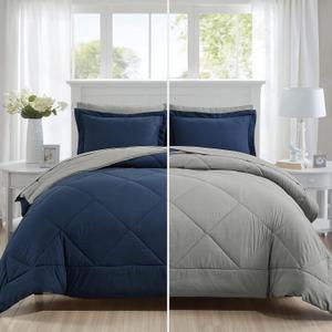 Furnishh Queen Comforter Set 7 Pieces Bed in a Bag, Full/Queen Reversible Bed Set with Comforter, Flat Sheet, Fitted Sheet, Pillowcases & Shams, Navy Blue and Grey Bedding Sets for Queen Size Bed