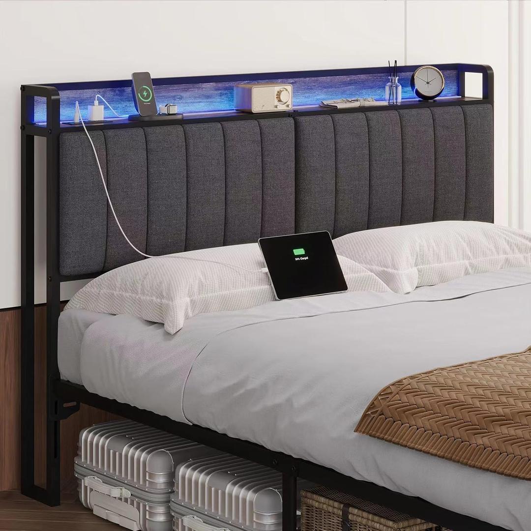 King Size Upholstered Headboard with LED Lights & Charging Station, USB & Type C Port, Linen Upholstery, King Headboard Only, Height Adjustable Attach Frame Sturdy and Stable Easy Assembly