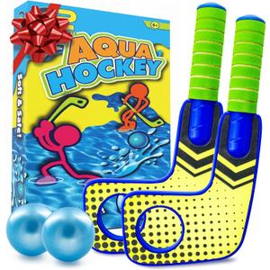 Fun Mini Hockey Sticks Game - Play at the Pool & Beach or in Home - For Kids & Adults All Ages - Use The Floating Soft Paddles to Shoot the Water Skipping Balls - Comes With 2 Sticks & 2 Balls