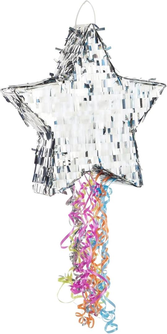 Sparkle and Bash Star Pinata with Pull Strings - Silver, 13 x 13 x 3 in - Space Theme Birthday Decoration & Baby Shower Supply - Pinatas with Pull Strings for Kids & Adults