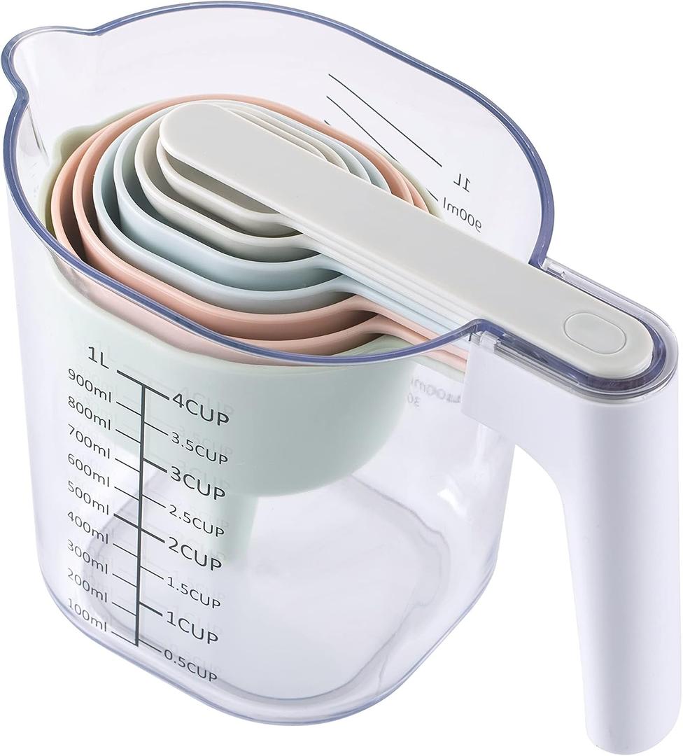 COOK WITH COLOR Measuring Cup Set - 9 PC. Nesting Stackable Liquid Measure Cup, Dry Measuring Cups and Spoons with Funnel and Scraper - Nesting Measuring Cups that Click Together for Easy Storage