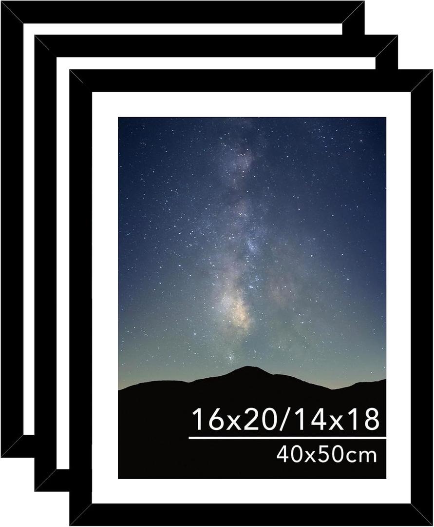 JCJMY 3 Pack 16x20 Picture Frame Black with 14x18 Mat for 40 x 50cm Diamond Art Painting, Display Photo 14x18 with Mat or 16 x 20 Without Mat, Wall Hanging Large Frame with Plexiglass, Black