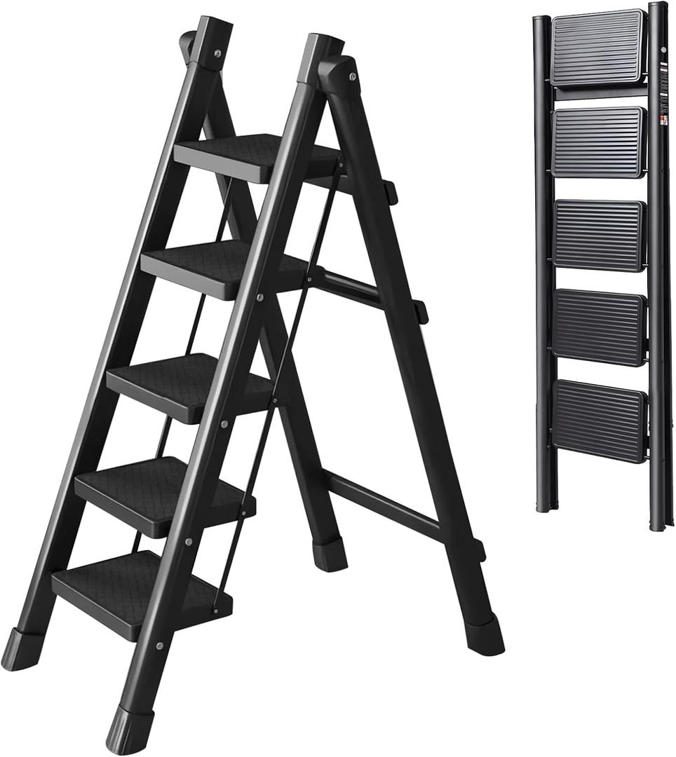 5 Step Ladder with Anti-Slip and Wide Pedal 220 lbs Capacity Folding Step Ladder for Household Kitchen Office(P-Black, 5 Step Ladder)