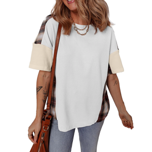 EVALESS Waffle Knit Tops for Women Trendy Crewneck Short Sleeve Shirts 2025 Summer Color Block T Shirts Loose Tee Tunic Tops, 2XL