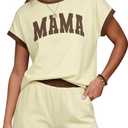 ASTANFY Mama Shirt Womens 2 Piece Skort Set Color Block Short Sleeve Top Lounge Matching Pajama Sets Casual Summer Outfit (White, L)