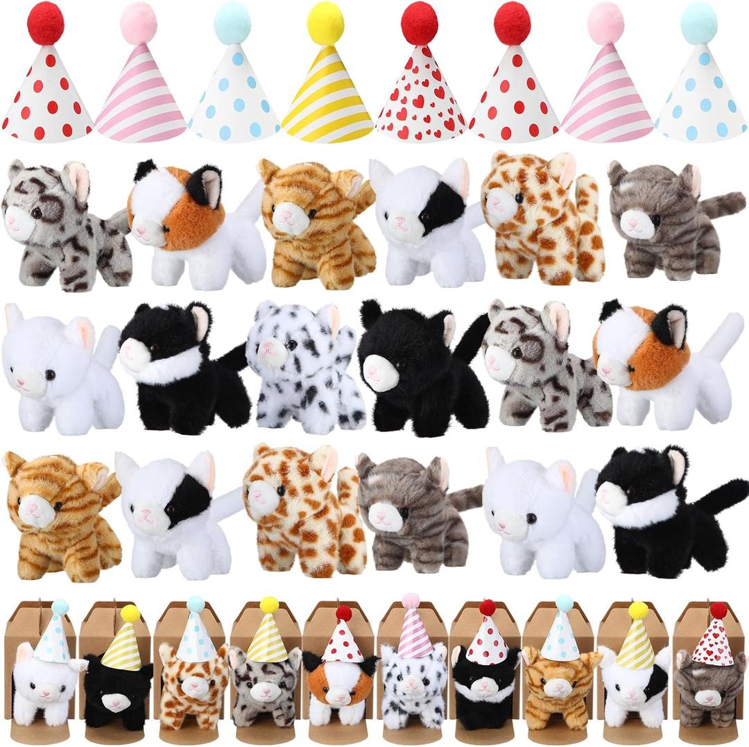 20 Set Cat Stuffed Animals Bulk with Birthday Hats Kraft Paper Boxes Mini Plush Toys Small Stuffed Kittens Adopt Pet Gift for Adoption Event Animal Theme Birthday Party (Standing Cat)