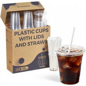100 Pack 12 oz Disposable Coffee Cups with Lids and Straws - Clear Plastic Smoothie Cup, Sturdy and Leakproof Ice Coffee Cups, To Go Cups for Cold Drinks (EXP 07/14/26)