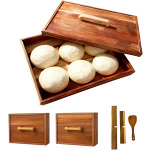 Jorivel 2 Pack Wooden Pizza Dough Proofing Box 16" x 12" w/Lids  Made From Natural Acacia Wood  Ideal Bread Proofing Box, Pizza Storage Container  Comes with 2 Adjustable Partitions & 1 Wood Shovel