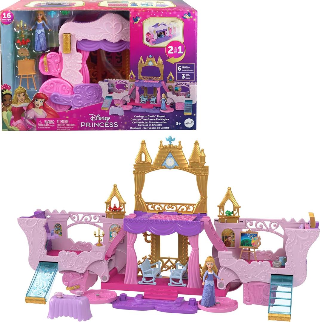 Mattel Disney Princess Carriage to Castle Transforming Playset with Aurora Small Doll, 3 Levels, 6 Play Areas, 4 Figures, Furniture & Accessories (One Size)