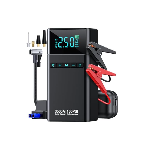 Portable Car Starter with Air Compressor, 3500A 150PSI Car Battery Starter Battery Pack (All Gases/10L Diesel), 12V Car Jump Box Car Battery Jumper Starter, Large LCD Display, 2 Lights