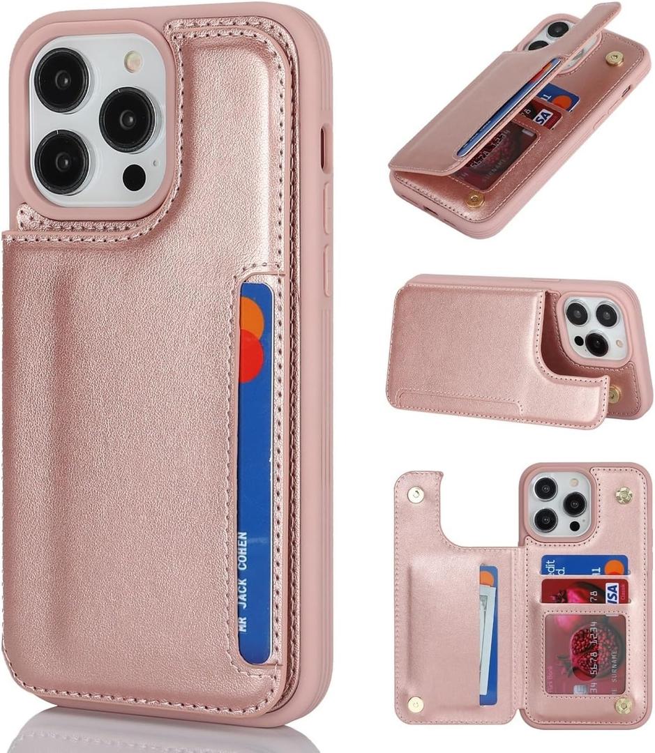 iCoverCase Compatible with iPhone 14 Pro Max Wallet Phone Case with Card Holder for Women Men, RFID Blocking PU Leather Case 6.7 Inch (Rose Gold)