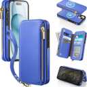 Antsturdy 2 in 1 Detachable for iPhone 15 Plus Wallet case with Magsafe,RFID Blocking Magnetic Wireless Charging PU Leather Phone case Flip Folio Cover Card Holder Wrist Strap Women,Purple Blue