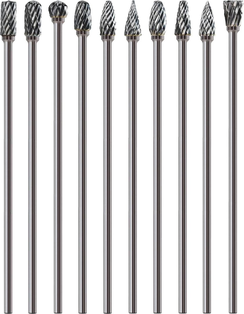 10Pcs Long Carbide Burr Set 1/8" Shank Total L 4.4" Compatible with Dremel Die Grinder Bits Port Grind Metal Cast Iron Steel Aluminum Cylinder Head Engine Intake Exhaust Manifold Tight Area